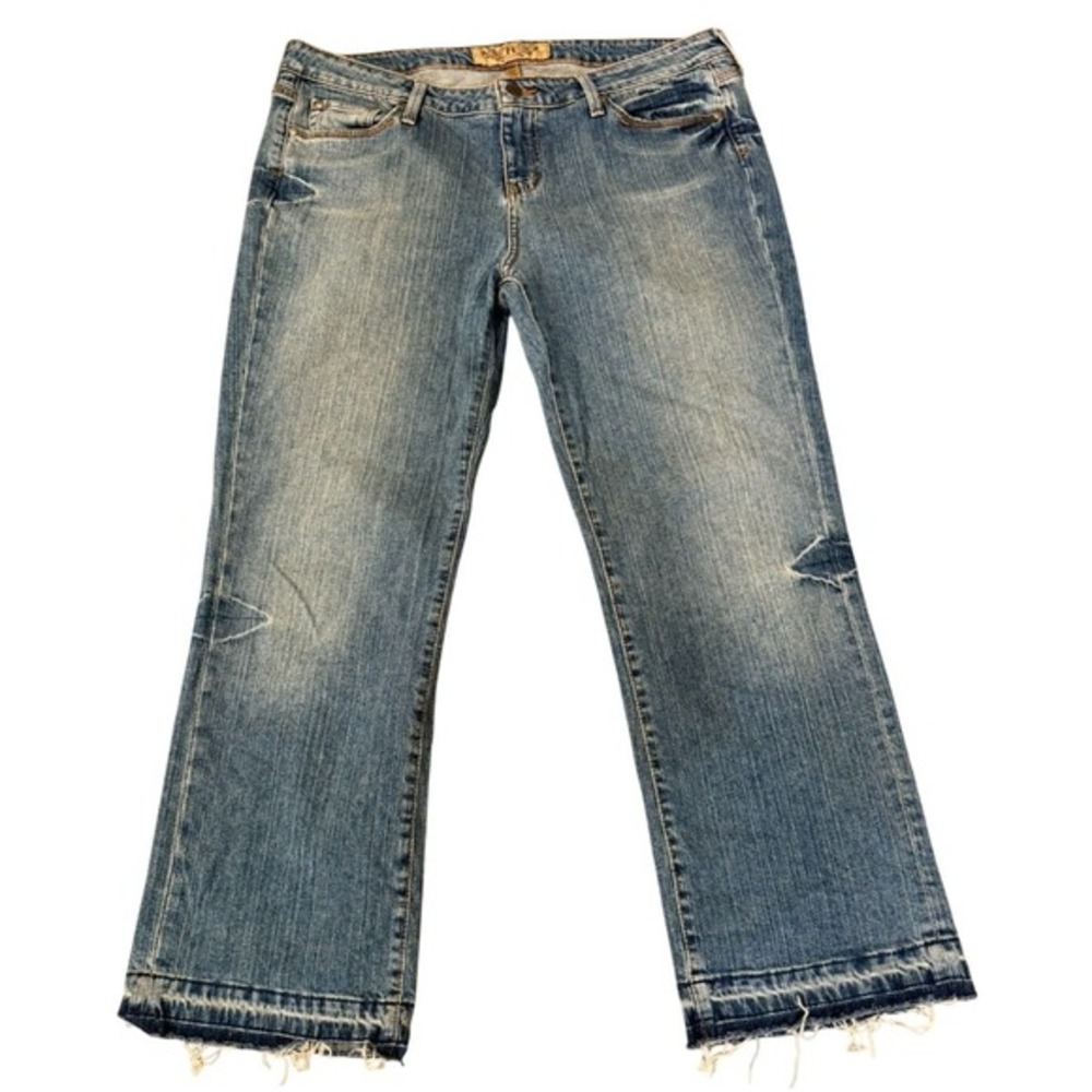 Hint Jeans Womens Low Rise Bootcut Denim‎ Medium Wash Frayed Raw Hem Distressed